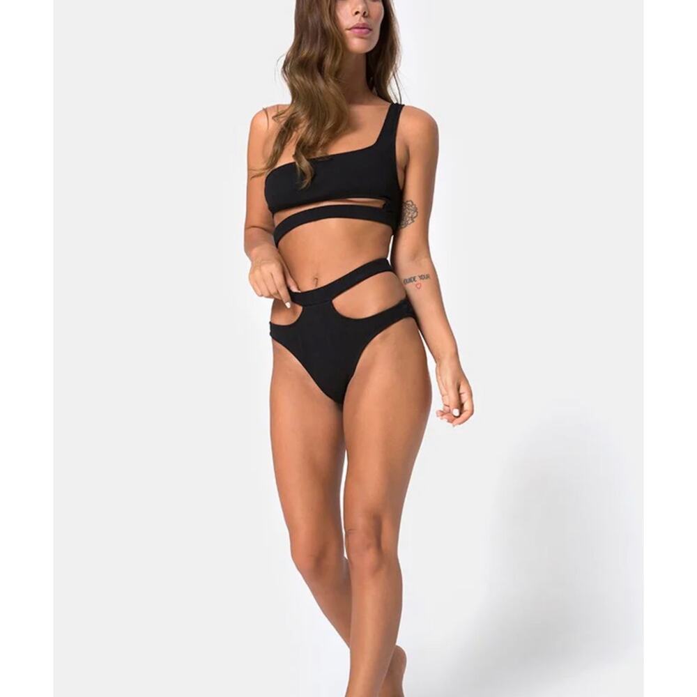 $75 NWT Motel Drelins Bikini Top & bottoms In Black Rib sz XS